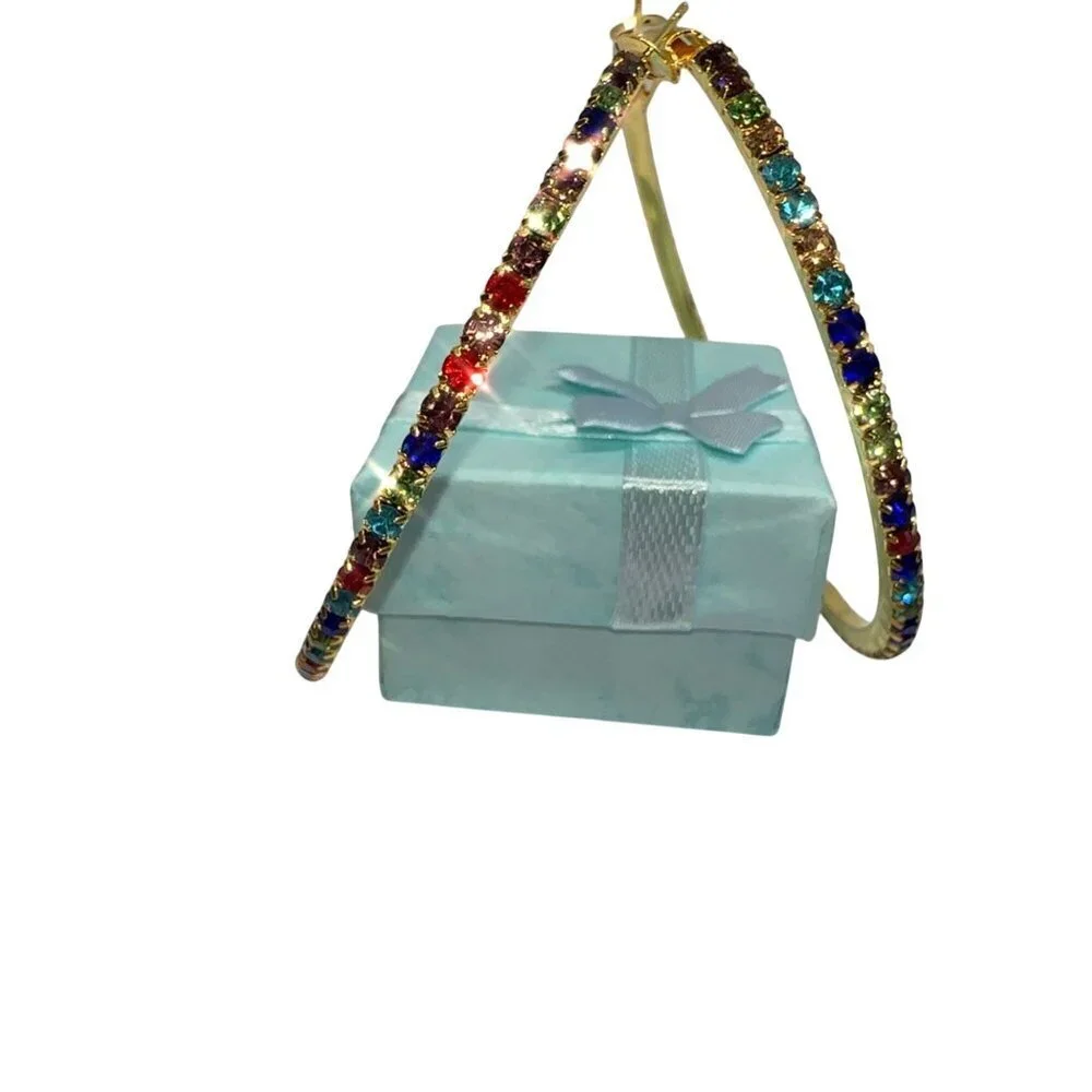 Crystal Hoop Earrings Gold Tone Multicolor Fashion Jewelry - Picture 3 of 7